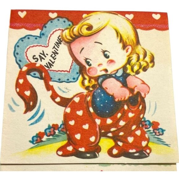 Valentines Day Vintage Greeting Card Red Hearts Cow Costume 1940s Blonde Girl - Picture 6 of 7